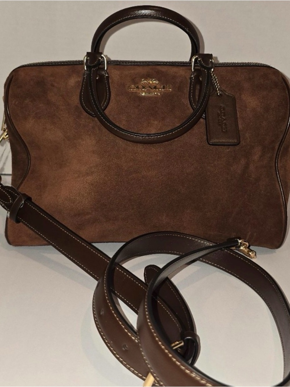 Coach Brown Suede Satchel with Dark Brown Leather Trim and Gold Hardware